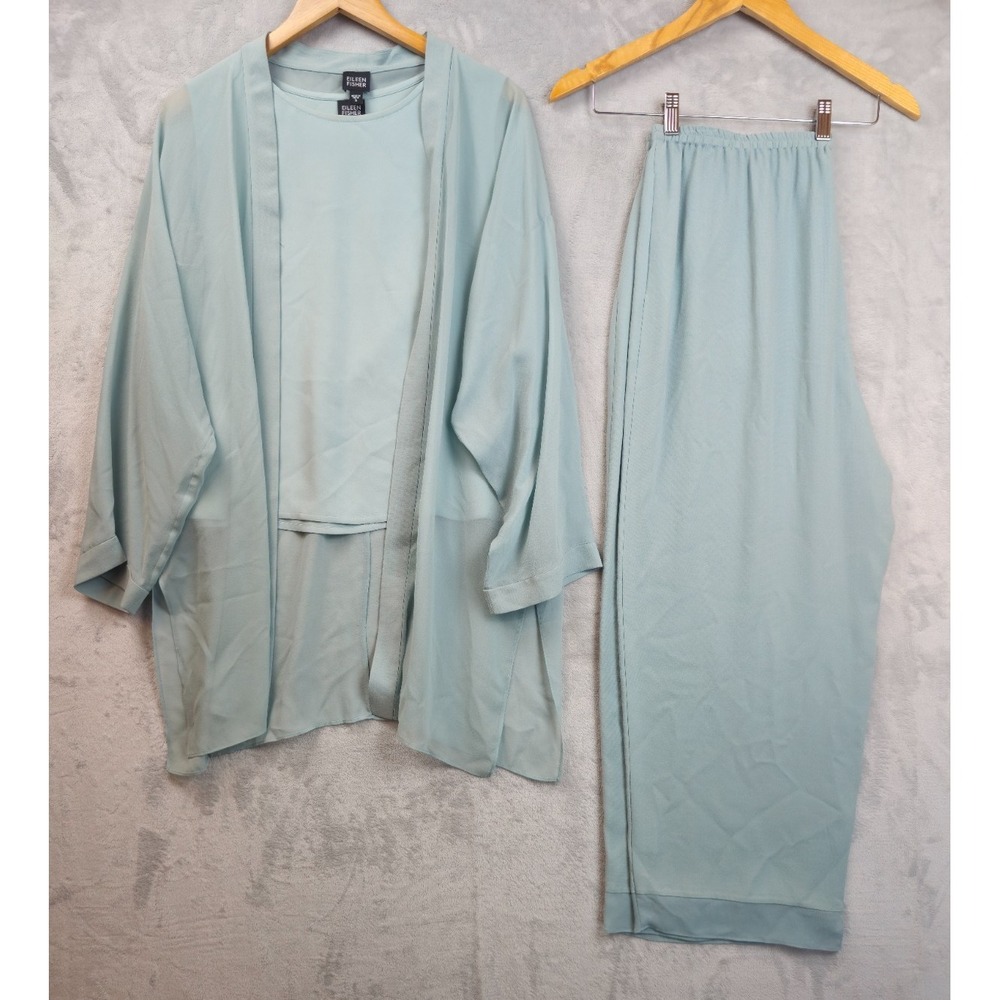 Eileen Fisher 3 Pc Silk Pant Cardigan Tank Set Sage Green Sz Large Quiet Luxury